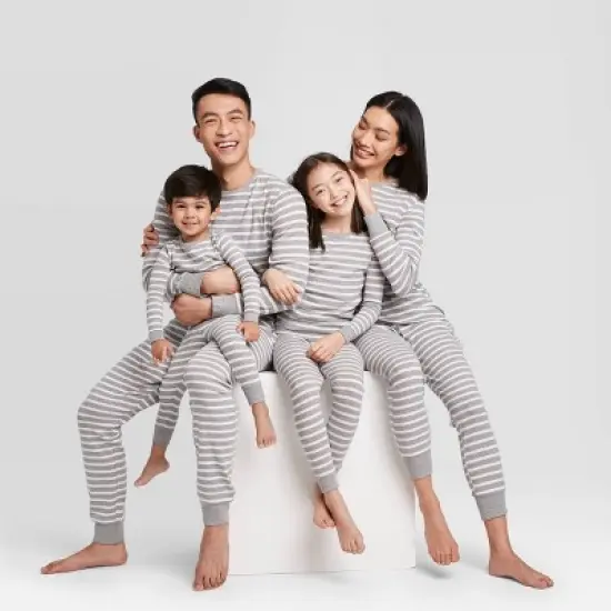 Kids' Striped 100% Cotton Tight Fit Matching Pajama Set - Gray image {2}