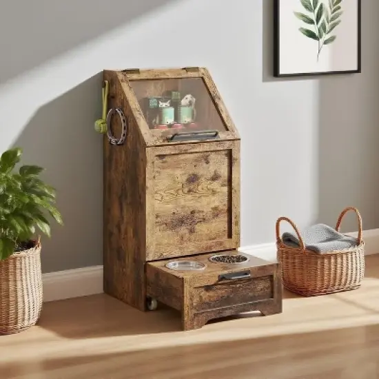 COZONY 35" Tall Pet Food Storage Cabinet with Flip Top, Feeding Station with 2 Elevated Dog Bowls & Large Pet Toy Organizer for Dogs image {2}