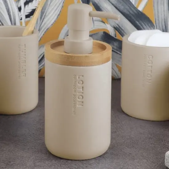 Evideco French Home Goods Elegant Soap Dispenser - Polyresin and Bamboo Design, Refillable Liquid Pump image {8}