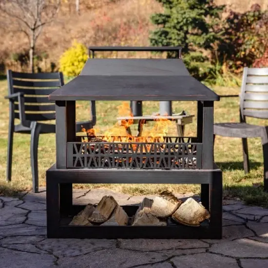 Sunnydaze Backyard Blaze Heavy-Duty Steel Outdoor Fireplace - Built-In Log Storage and Protective Cover - 35-Inch H - Brushed Bronze image {6}