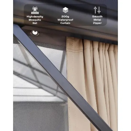 12'x16' Hardtop Gazebo, Outdoor Polycarbonate Double Roof Canopy, Aluminum Frame Pergola with Curtains and Netting for Garden, Patio, Lawns, Khaki image {2}