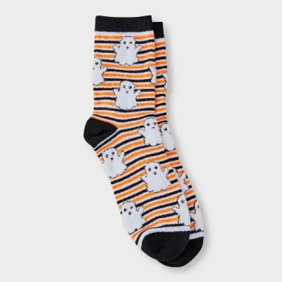 Women's Striped Fuzzy Ghost Halloween Crew Socks - Hyde and EEK! Boutique&trade; Black/White/Orange 4 -10 image {3}