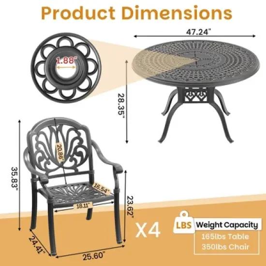 5-Piece Cast Aluminum Outdoor Dining Set with Brown Cushions, Round Table & Stackable Chairs - for Patio, Backyard image {3}