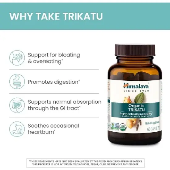 Himalaya Organic Trikatu, Herbal Supplement for Occasional Heartburn, Digestive Support, Non-GMO, USDA Organic, Vegan, 60 Plant-Based Caplets image {3}