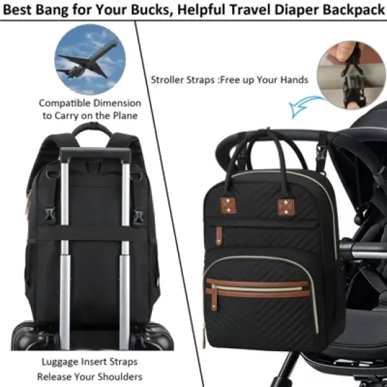 Itopfox Large Capacity Waterproof Diaper Backpack with Insulated Pockets for Baby Essentials, Maternity Travel Bag in Black image {3}