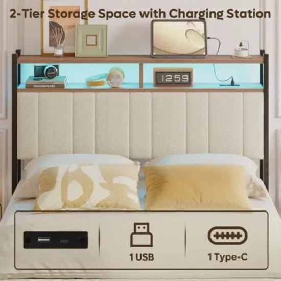 Pinmoco Full/Queen/King LED Headboard, Linen Upholstered Storage Headboard with Charging Station image {2}
