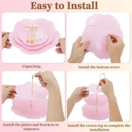 Unique Bargains 3 Tier Dessert Cupcake Stand Flower Shape Cup Cake Holder Tower Pink Gold Tone image {3}