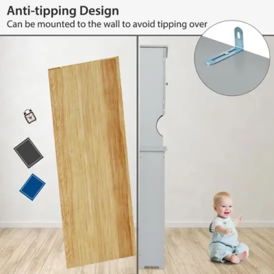 Costway Over the Toilet Bathroom Spacesaver Organizer w/ Adjustable Shelf & Doors Grey image {5}