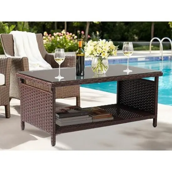 Karl Home| 2-Layer Brown Outdoor Wicker Coffee Table With Glass Tabletop image {5}