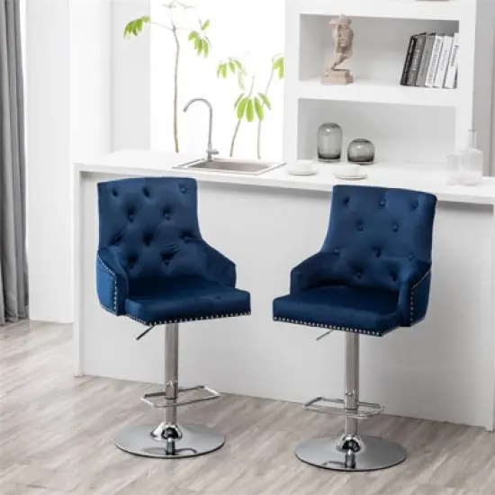 Better Home Products Monroe Velvet Tufted Adjustable Swivel Bar Stool Set Blue image {1}