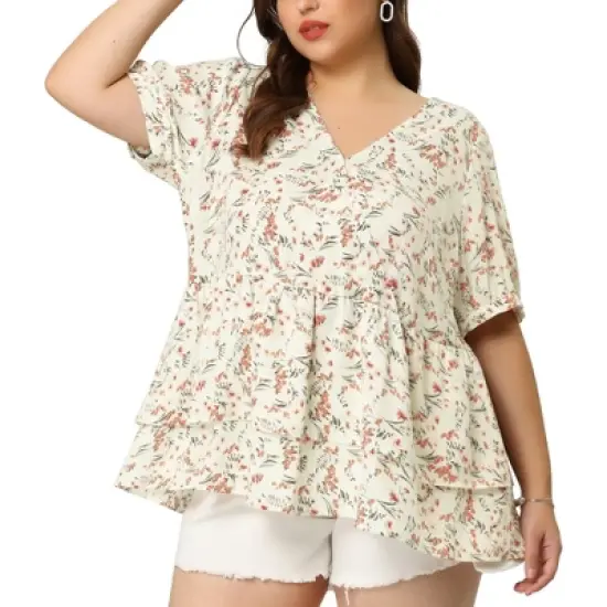 Agnes Orinda Women's Plus Size Blouse Floral Layered Flare Hem Casual Peplum Tops image {1}