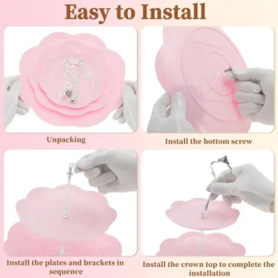 Unique Bargains 3 Tier Dessert Cupcake Stand Holder Round with Tiered Serving Tray for Donuts Fruits Pink Silver Tone image {3}