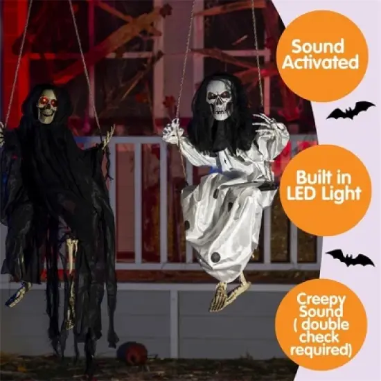 Joyfy 2 Packs 3ft Halloween Hanging Ghosts Outdoor Decor, Scary Grim Reaper Swinging Flying Skeleton with Lighted Up Eyes for Yard Patio Lawn Garden image {7}