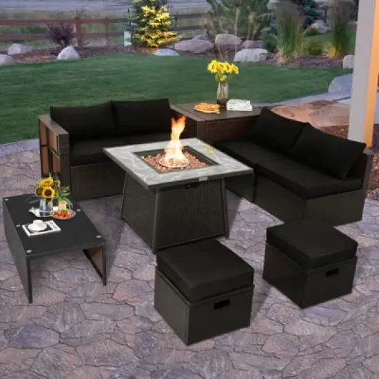 Tangkula 9 Pieces Outdoor Patio Furniture Set with 35" Propane Fire Pit Table Wicker Sectional Sofa Set w/ Storage Box Black/Gray/Navy/Red/Turquoise/Off White image {1}