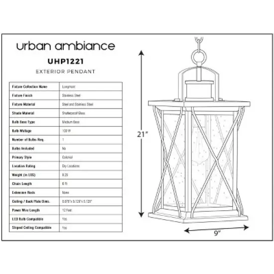 Urban Ambiance Luxury Colonial Outdoor Pendant Light,  21"H x 9"W,  Stainless Steel Finish, UHP1221 image {6}