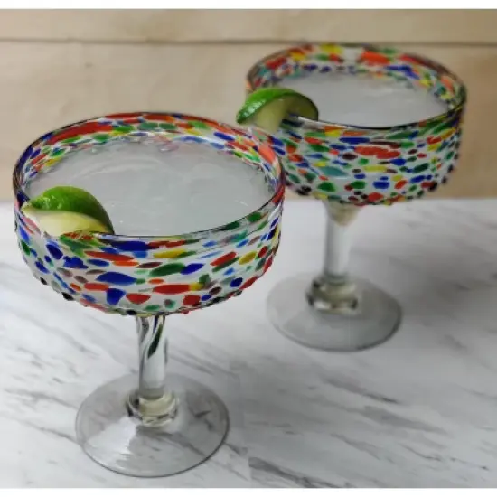 Dos Sue&ntilde;os Mexican Hand Blown Margarita Glasses - Confetti Rock Design - 16oz - Set of 2 image {2}