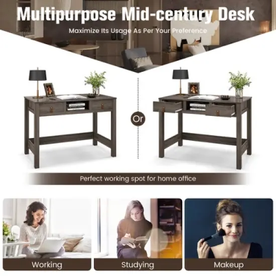 Costway Mid Century Computer Desk Home Office Study Table Laptop Workstation with2 Drawers image {8}