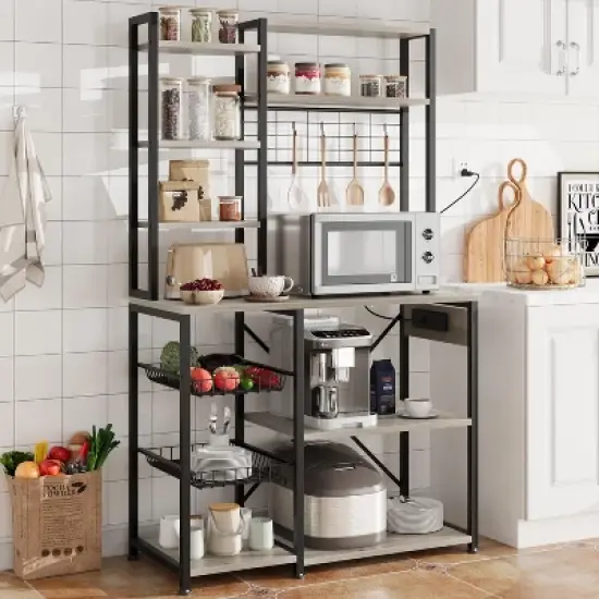 7-Tier Microwave Stand with 2 Wire Basket and Power Outlets, 35.4 Inch Industrial Coffee Bar Station, Kitchen Large Bakers Rack with Storage image {2}