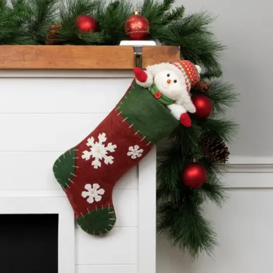 Northlight 20" Green and Red Snowflake Christmas Stocking with Blanket Stitching image {1}