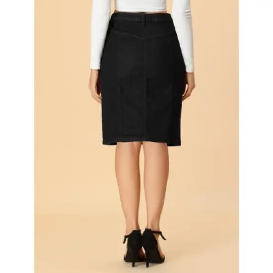 Allegra K Women's Casual Denim Skirt Slit High Waisted Knee Length Jean Skirts image {4}