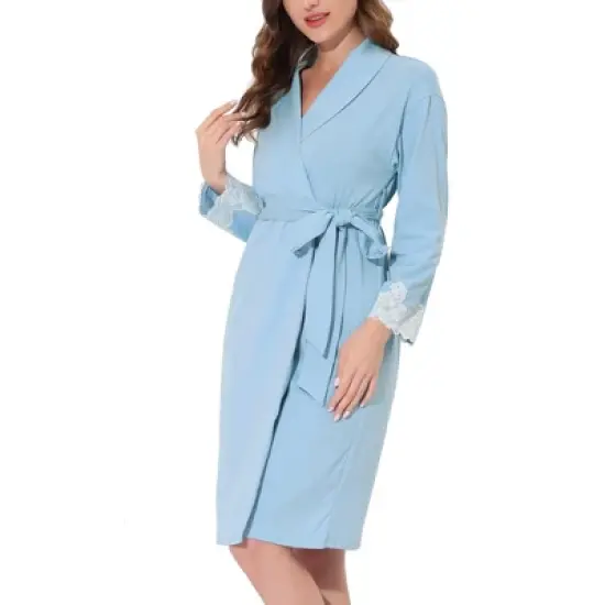 cheibear Womens Robe Knit Lace Trim Lounge Sleepwear Long Sleeve Bathrobe image {1}