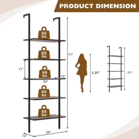 Costway 5 Tier Ladder Shelf 71'' Height Wall-Mounted Bookshelf Display Storage Organizer Brown/Natural/White image {3}