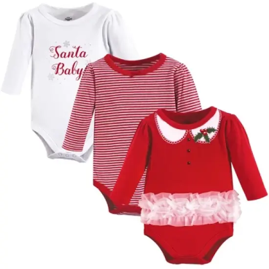 Little Treasure Baby Girl Cotton Long-Sleeve Bodysuits 3pk, Santa Baby image {1}
