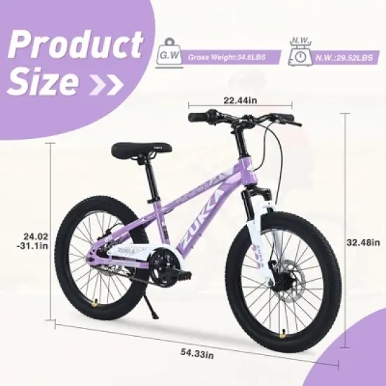 NAYSAYE Bicycle Mountain Bike Durable Steel Frame with Suspension Fork for Kids Outdoor Riding, Purple, 54.33"*22.44"*32.48" image {2}