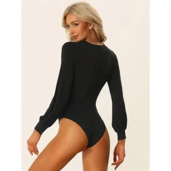 Allegra K Women's Deep V Neck Long Sleeve Ruched Stretchy Bodysuit image {2}