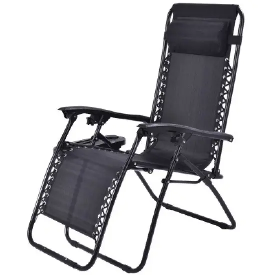 Costway 2 PCS Folding Zero Gravity Reclining Lounge Chairs Beach Patio with Utility Tray Black/Orange image {3}
