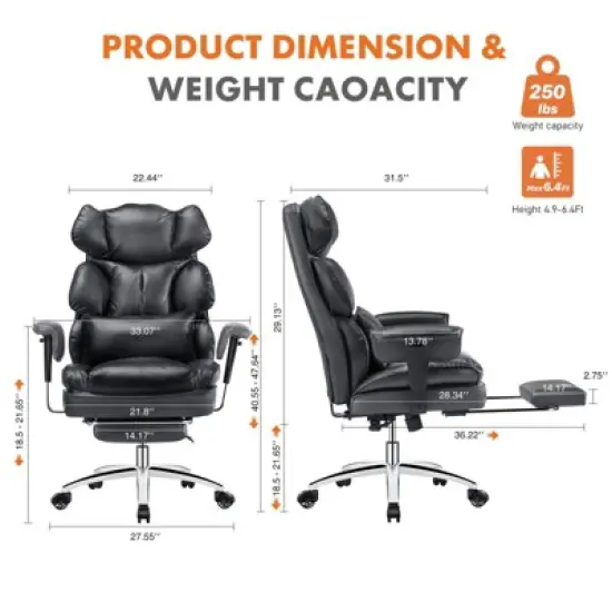 Sapphtopaz Executive Office Chair with Footrest&Lumbar Support,PU Leather Swivel Recliner with Adjustable Height Gaming Chair for Home Office image {5}