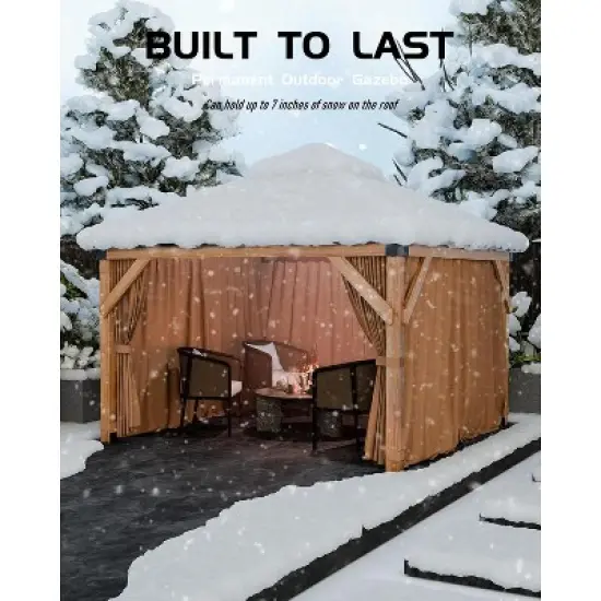 10x10 FT Hardtop Wood Gazebo for All Weather, Double Metal Roof, Wooden Frame, Net, and Curtain, for Patio, Deck, Backyard, Lawn, and Garden, Khaki image {4}