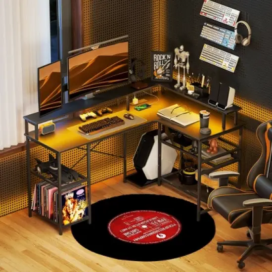 HOMCOM L Shaped Desk with LED Lights and Power Outlets, 59" Gaming Desk with Monitor Stand and Storage Shelves, Corner Computer Desk image {2}