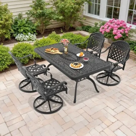 5-Piece Outdoor Dining Set, Cast Aluminum Rectangle Table with Swivel Chairs, Red Cushions, Umbrella Hole image {3}