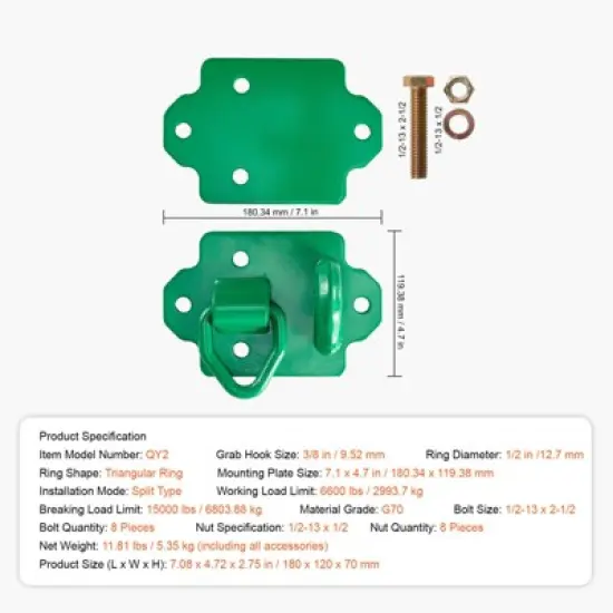 VEVOR 3/8" Tractor Bucket Hooks with Tie Down Ring, Grade 70 Forged Steel 2 Pack Bolt-On Grab Hook with Back Plates, Green image {7}