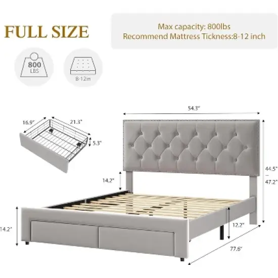 Bed Frame with 2 Storage Drawers, Vintage Velvet Upholstered Bedframe with Wooden Slat Support and Button Tufted Wingback Headboard image {1}
