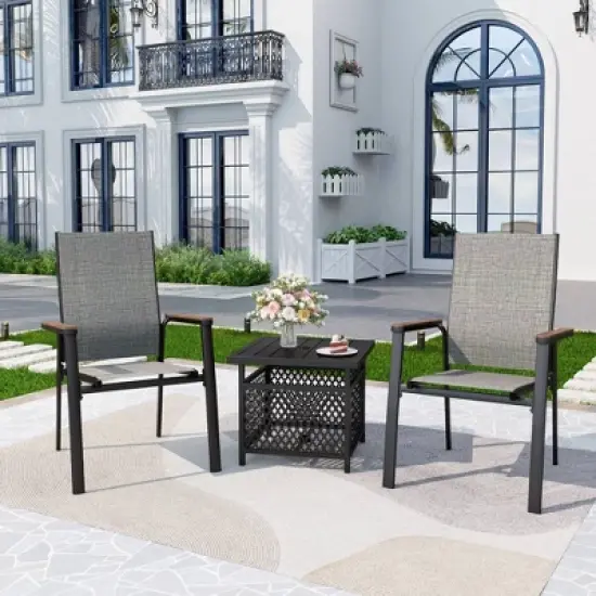 3pc Patio Dining Set with Small Square Table with Umbrella Hole & Lightweight Sling Chairs - Captiva Designs: Outdoor Furniture for Balcony image {12}