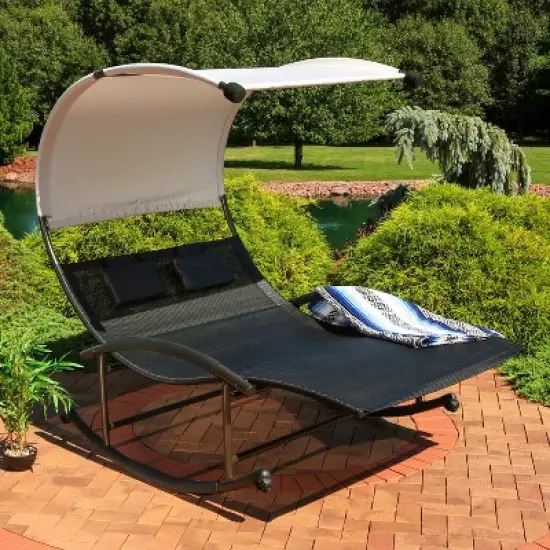 Sunnydaze Outdoor Double Chaise Lounge Bed with Canopy Shade and Headrest Pillows, Black image {3}