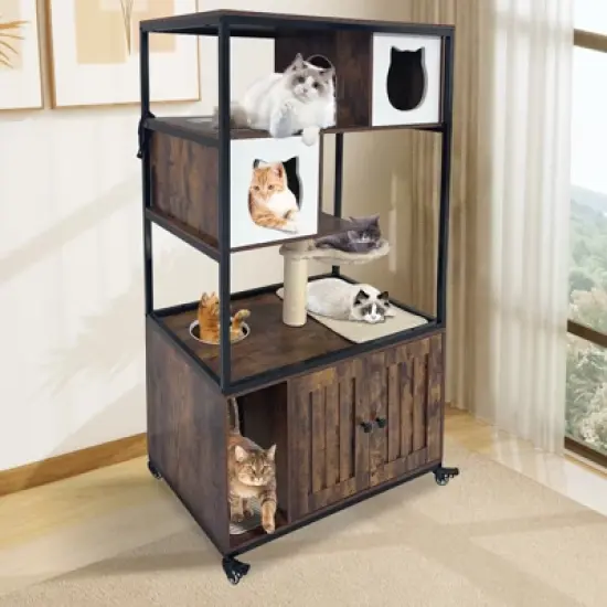 Litter Box Enclosure with Tree and Stainless Steel Litter Box, Wooden Cat House Cabinet On Wheels,  Litter Furniture with Condo, Platforms image {8}