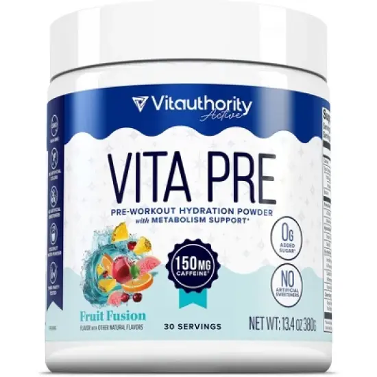 Vita Pre-Workout Hydration Powder + Metabolism Support, Sugar-Free Workout Supplement, 150mg Caffeine, Fruit Fusion, Vitauthority, 30 Servings image {5}
