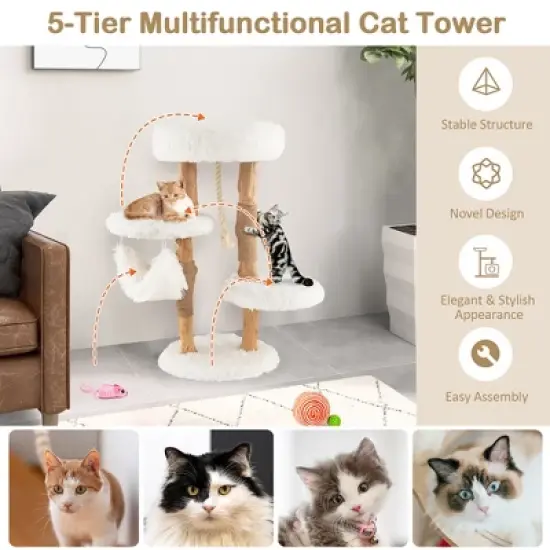 Tangkula 34" Tall Wooden Cat Tree Solid Wood Cat Tower with Jute Scratching Posts image {7}