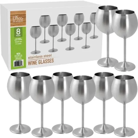 D'Eco Unbreakable 12 Oz Stainless Steel Wine Glasses (8 Pack) Large Stemmed Matte Silver Wine Goblets - Reusable Drinkware - Great Mother's Day Gift image {5}
