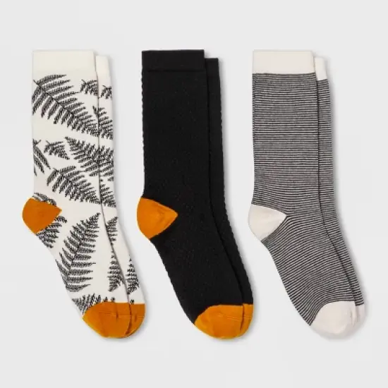 Women's Fern 3pk Crew Socks - A New Day&trade; Black 4-10: Botanical Pattern, Lightweight Knit, No Cuff image {2}