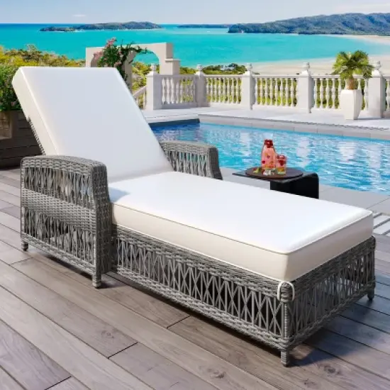 Outdoor Wicker Reclining Chaise Lounge,Adjustable Patio Recliner with Armrests And Cushions,All-Weather Rattan Pool Lounge-Maison Boucle image {7}