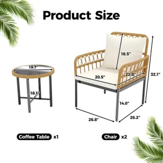 Wicker Patio Bistro Sets Outdoor Conversation Sets with Side Table and Rattan Chairs, Patio Furniture Set for Apartment, Backyard, Porch image {6}