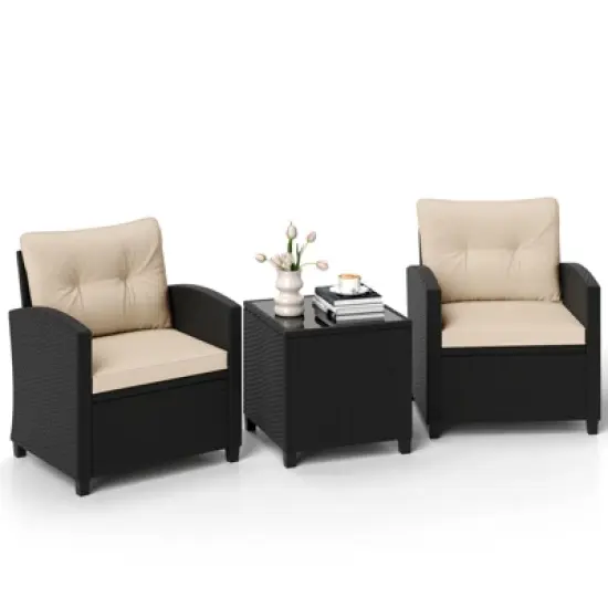 Tangkula 3 Piece Patio Furniture Set Rattan Conversation Set w/Soft Seat & Back Cushions Tempered Glass Topped Coffee Table Beige image {7}