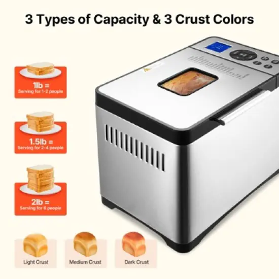 VEVOR Bread Maker, 19-in-1 2LB Dough Machine, Nonstick Ceramic Pan Automatic Breadmaker, 3 Loaf Sizes, 3 Crust Colors, Silver image {3}
