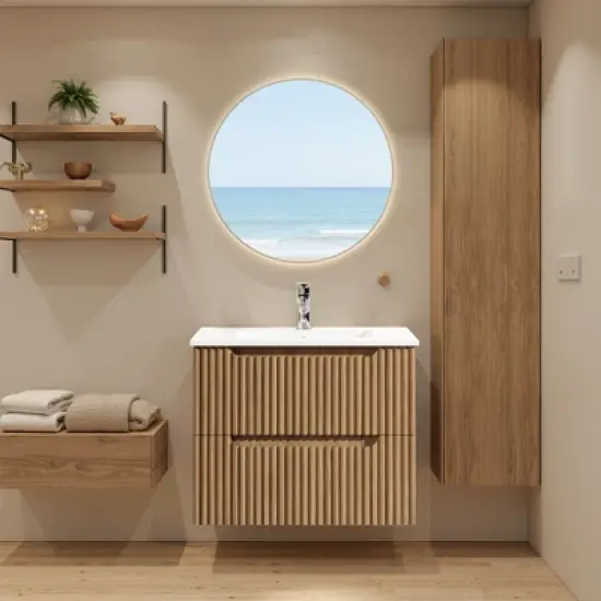 Spassway 24" Walnut Floating Wall Mount Bathroom Vanity with White Sink image {6}