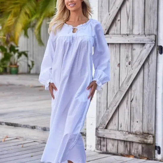 Women's Cotton Victorian Poet's Nightgown with Pockets, Juliet Long Sleeve Lace Trim Front Tie Long Vintage Night Dress Gown image {3}