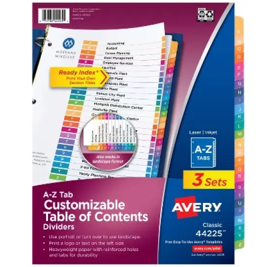 Avery A-Z Dividers for 3 Ring Binders, 26 Tabs per Set, Customizable Table of Contents, Multicolor Tabs (3 Sets of 44225) image {8}